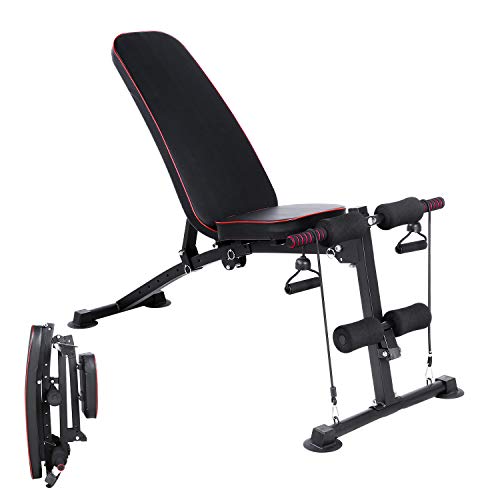 OKVAC Weight Bench, Adjustable Strength Training Bench, Foldable Utility Exercise Bench for Full Body Workout W/ 7 Back Pad Positions and 2 Elastic Ropes for Home Gym, 330LBS Weight Capacity