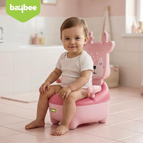 Image of Baybee Deer Baby Potty Seat for Kids 2 to 5 Years with Back Support | Foldable Toilet Seat with Removable Drawer & Cleaning Brush | Premium Potty Training seat | Kids Toilet Chair Boys Girls (Pink)
