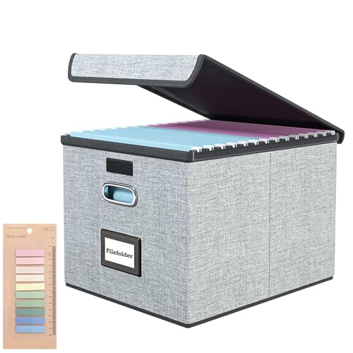 JTOOYS Upgraded Filing Boxes Portable Paperwork Organiser Large Capacity Multifunctional File Organiser with Lid Foldable Fabric Hanging Filing Box with Plastic Slide for Home Storage Office Filing