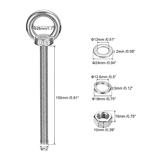 Image of uxcell Lifting Eye Bolt, 1 Set M12x150mm Eye Bolt with Nut Washer 304 Stainless Steel Shoulder Lifting Ring Eye Bolt for Hanging Item