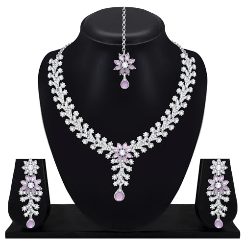 Image of Atasi International Diamond Necklace Jewellery Set for Women with Earrings and Maang Tikka for Wedding, Party, Engagements & Festivals