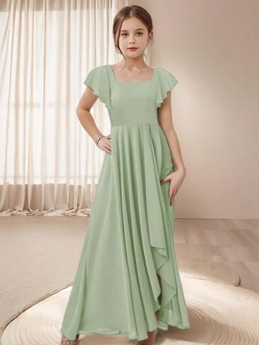 Short Sleeves Junior Bridesmaid Dresses Girls Party Dress Square Neck Chiffon Flower Girl Dress with Slit4