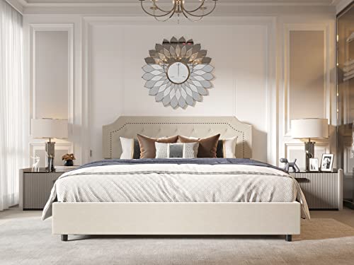 Bonsoir Full Size Bed Frame Upholstered Low Profile Traditional Platform With Tufted And Nail Headboard/No Box Spring Needed/No Bed Skirt Needed/Linen Fabric Upholstery/Color Of Sand (Sand, Full Size) #TOP4