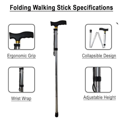 Image of Dr Care 4 Folding Walking Stick for Old Age | Aluminum | Adjustable Height 85-95 cm | Lightweight | Anti Slip | Ergonomic Handle | Rubber Tip | Wrist Strap (Silver)