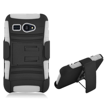 For Kyocera Hydro C5170 (Boost Mobile) White Armor Case, w/ Black Belt Clip & Black Stand