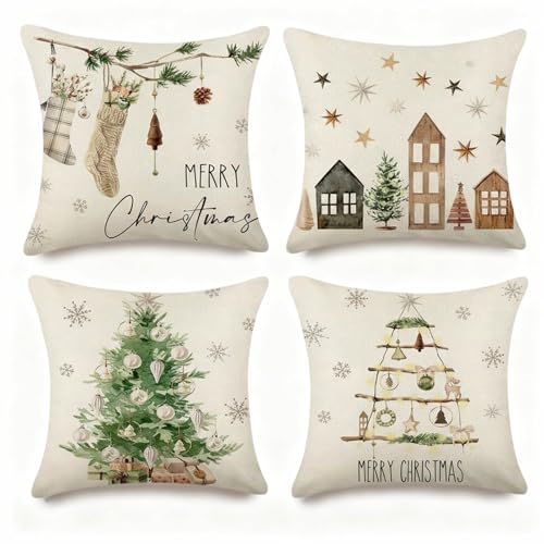 Weihnachten Kissenbezug 4er Set, Weihnachtskissenbezüge Leinen...