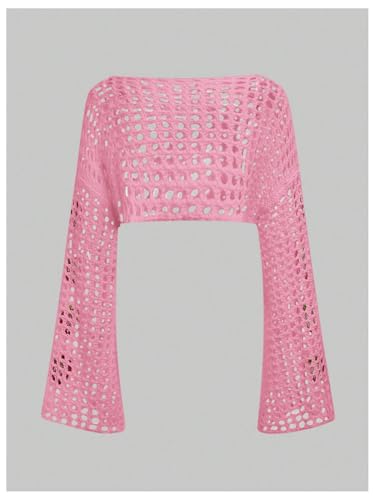 Image of SHENHE Women's Strawberry Top Y2k Knit Shrug Sweater Crochet Crop Hollow Out Long Sleeve See Through Sweater Tops
