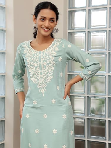 Image of Libas Womens Embroidered Viscose Straight Kurta for Women | Ethnic wear | Bridal Suit | Wedding Dress | Occasion wear