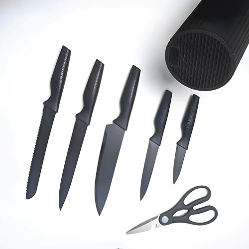 Image of Homero 7 Piece Kitchen Knife Set - 5 Knives Set, 1 Scissor & 1 Knife Holder, Premium Stainless Steel, Non-Stick Knife Set for Kitchen with Stand for Cooking, Cutting, Slicing use