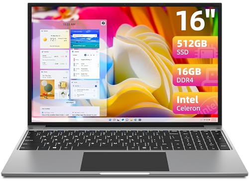 JUMPER Ordenador Portátil 16 Pulgadas FHD, Celeron 16 GB RAM 512 GB SSD PC Portátil, 4 M Cache, hasta 2,9 GHz, 1920 x 1200 IPS, 2,4 G+5G WiFi, Bluetooth4.0, USB 3.0×2, Gris, 2023