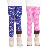 Auranso Girls Fleece Lined Thermal Leggings 2 Pack Kids Winter Thick Warm Cute Printed Trousers, Color A, 6-7 Years (Tag: 130)