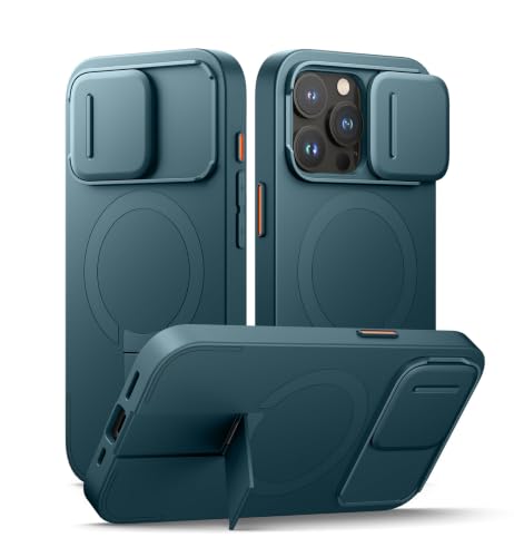 Image of SURITCH for iPhone 15 Pro Case with Magnetic Camera Slide Cover and Adjustable Kickstand, Compatible with MagSafe, Shockproof Bumper Case Slim Protective Cover 6.1 Inch, Lake Green