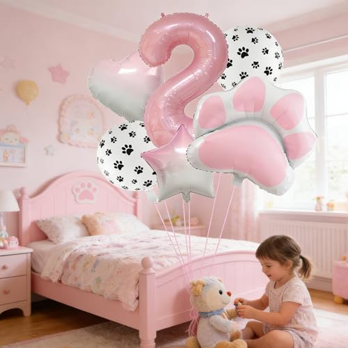 Image of 2nd Birthday Dog Paw Balloons Set,18'' Paw Prints, Heart,Star,Paw Shaped Foil Balloon 40 Inch Pink Number 2 Helium balloons for Puppy Themed Baby Shower Second Birthday Party Decorations Supplies 6PCS