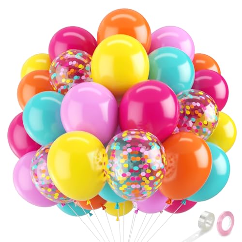 Image of Zesliwy Rainbow Balloons,50pcs 12inch Summer Balloons Orange Yellow Hot Pink Balloons Teal Blue Dark Pink Balloon with Colorful Confetti Balloon for Tropical Birthday Wedding Hawaiian Party Decor