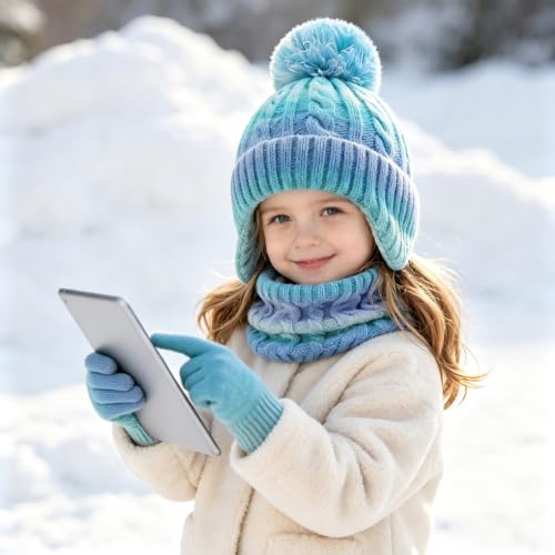 Kids Winter Hat and Gloves Set Neck Warmer Touchscreen Aged 2-8Y - image 7