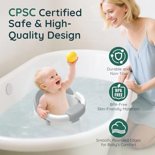 Image of Baby Bath Seat for Babies Sitting Up, Non-Slip Baby Bath Chair with Strong Suction Cups, Lockable Armrest & High Back 360 Safety Support, Ideal for Active Toddlers 6-24 Months, Gray