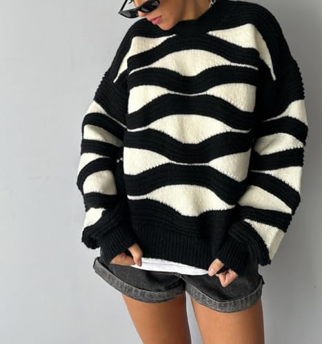 CHARTOU Women Fall Winter Color Block Stripes Sweater Oversized Long Sleeve Cropped Knit Pullover Sweatshirt Outfits2