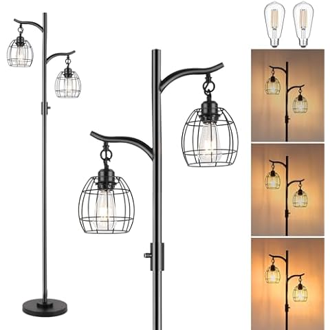 9MMML Floor Lamp for Living Room, Farmhouse Industrial Dimmable Floor Lamps with 2 Hanging Teardrop Cage, Vintage 67'' Tall Black Tree Standing Lamp for Bedroom Office, 2 x 800LM LED Bulbs Included Cover