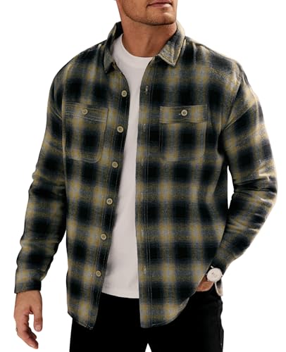 VOGSTART Mens Gentle Fashion Shacket Heavy Winter Button Shirt Fleece Lined Flannel Thermal Warm Chest Pocket Jacket Black and Yellow S