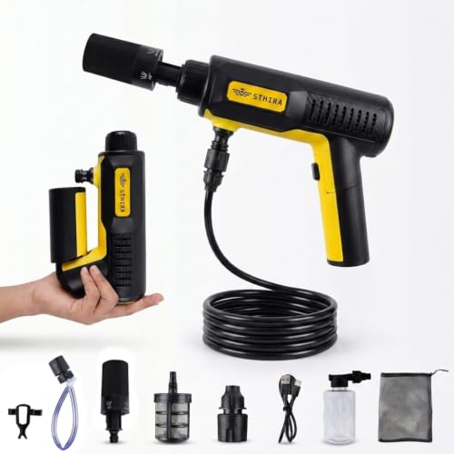 Image of STHIRA Car Washer High Pressure Gun 2600mAh 5in1 Washing Spray Foam Cannon | Foldable Cordless Rechargeable 2 Gear Pressure Washer for Car, Bike Washing, Patios and Garden