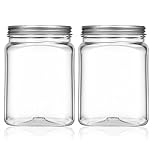 2 Pack Square Plastic Mason Jars, 24 Oz Plastic Jars with Metal Lids Clear Empty Food Storage Jar Reusable Kitchen Plastics Jar Refillable Canisters for Dry Food Peanut Butter Kitchen Organizing