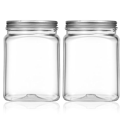 2 Pack Square Plastic Mason Jars 24 Oz Plastic Jars with Metal Lids Clear Empty Food Storage Jar Reusable Kitchen Plastics Jar Refillable Canisters for Dry Food Peanut Butter Kitchen Organizing