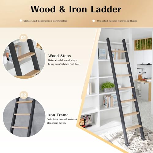 Image of Fredbeck 8ft,96inch Library Ladder Carbon Steel Frame Wooden Step,for Loft