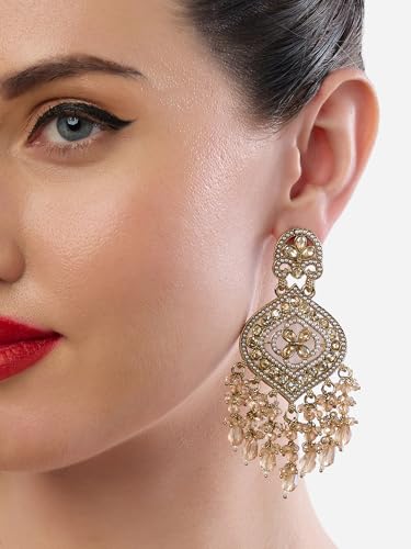 Image of Zaveri Pearls Champagne Color Dazzling Stones & Cluster Beads Drop Dangler Earring For Women-ZPFK19153