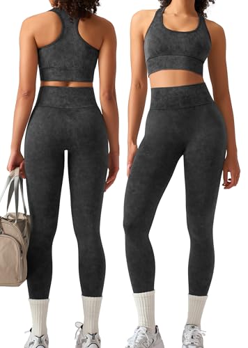 OLCHEE Womens Workout Sets 2 Piece - Acid Wash Seamless Yoga Outfits High Waist Leggings Padded Racerback Sports Bra Gym Set