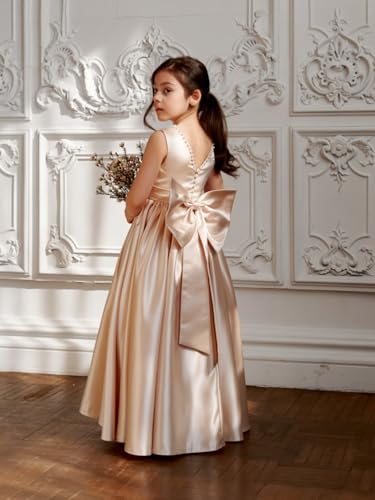 Satin Flower Girl Dress for Wedding Pearl Floor Length Kids Bridesmaid Dresses Princess Pageant Party Bow Gowns4