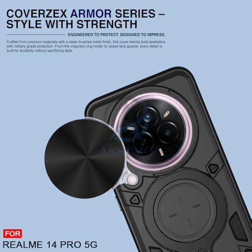 Image of AESTMO Armor Realme 14 Pro 5G Bumper Back Case Cover | Ring Holder & CD Pattern Sliding Camera Shutter Cover | Back Case Cover for Realme 14 Pro 5G (Black)