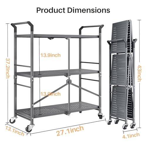 Rolling Utility Cart Folding Cart with Wheels - 3 Tier Collapsible Metal Cart, Large Capacity - Thumbnail 6