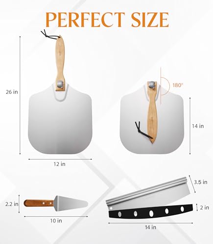 Yunletwood Pizza Peel 12-Inch Aluminum Pizza Paddle & Spatula with Pizza Cutter Rocker, Foldable Wood Handle – Pizza Server for Baking Homemade Bread, Pastry & Dough, for Family Pizza Oven