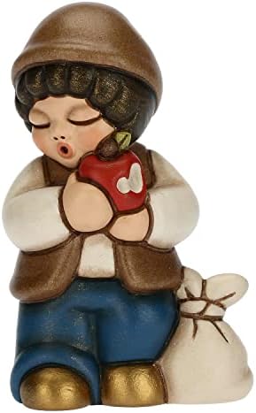 THUN – Presepe 2022 – Statuina Presepe Bimbo con Mela in Ceramica Decorata a Mano, Versione Vestito Blu – Linea Presepe Classico – 4,3x3x6,5 cm h