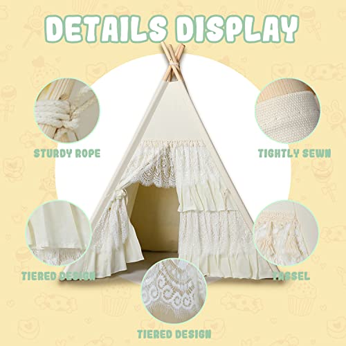 Sumbababy Teepee Tent for Kids with Carry Case, Natural Canvas Teepee Play Tent, Toys for Girls/Boys Indoor & Outdoor Playing (Flora Lace Teepee with Frills) - Thumbnail 6