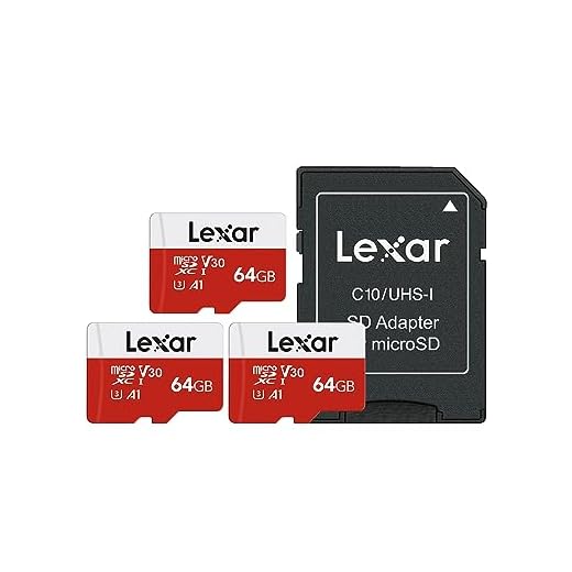 Lexar E-Series 64GB Micro SD Card 3 Pack, microSDXC UHS-I Flash Memory Card with Adapter, 100MB/s, C10, U3, A1, V30, Full HD, 4K UHD, High Speed TF Card