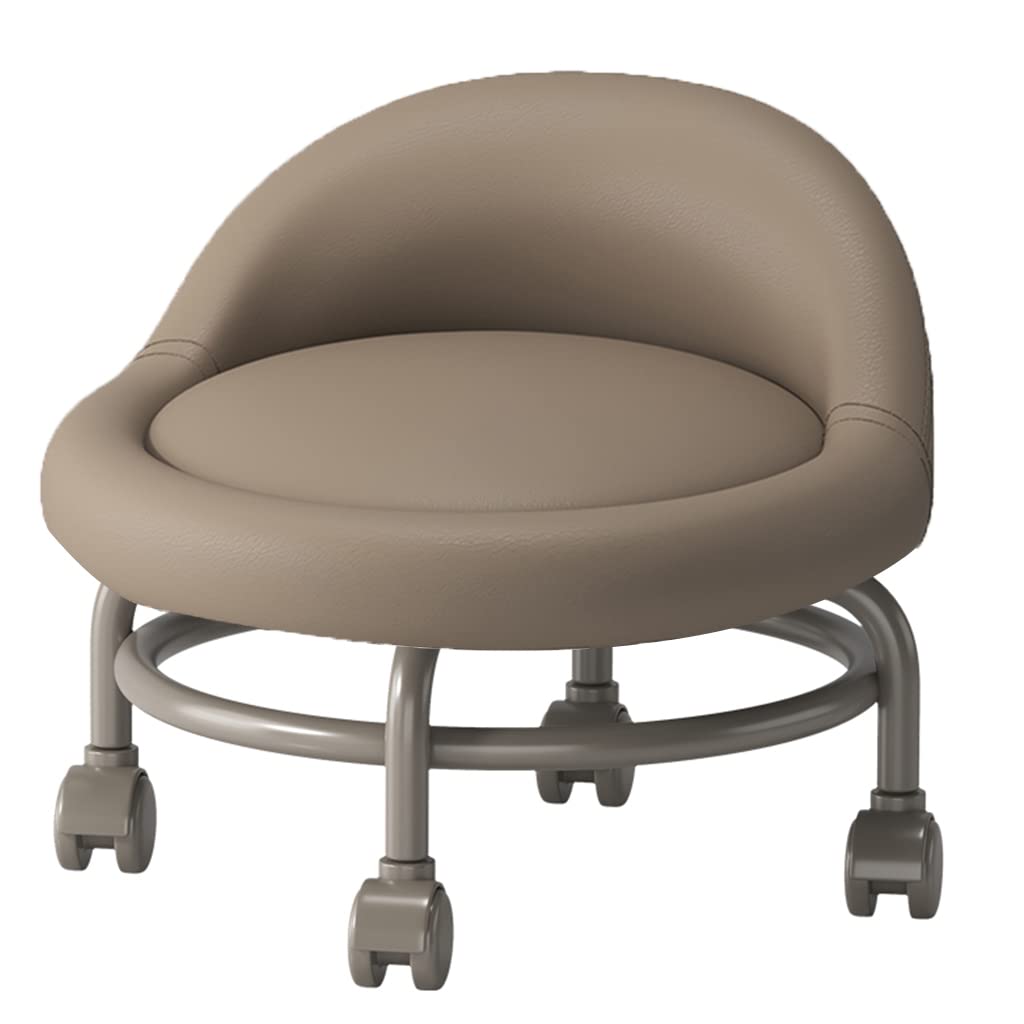 LMMIAOZ Rolling Ottoman Footstool with Back and Swivel Wheels Short Roller Seat for Mobility PU Leather Brown
