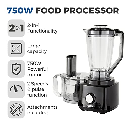 Tower T18007BLK Food Processor and Blender with 2L Mixing Bowl, 1.8L Jug, 2 Speed Settings and Pulse Function, 750W, Black - Image 2