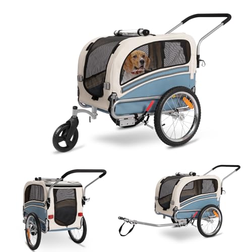 Fiximaster Hundeanhänger 2-in-1 für Fahrrad & Jogger – Transportwagen für Hunde bis 30 kg, faltbar, mit Bremsen, Signalwimpel, Outdoor & Heimgebrauch, leicht zu montieren (Blau)