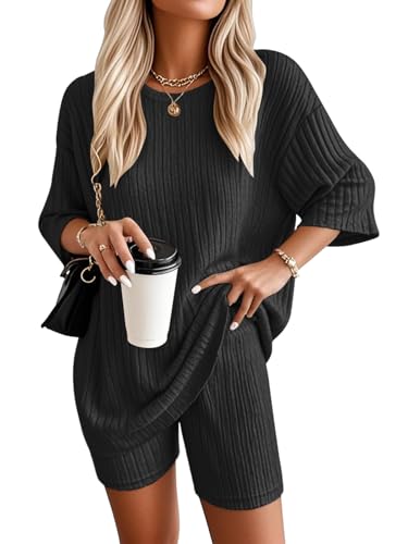 VUTRU Damen Tracksuit Kurzarm Baumwolle Kurzarm und Damen Rundhals Oberteil Shorts Sommer Zweiteiler Sommer Outfit Jogger Trainingsanzug Set