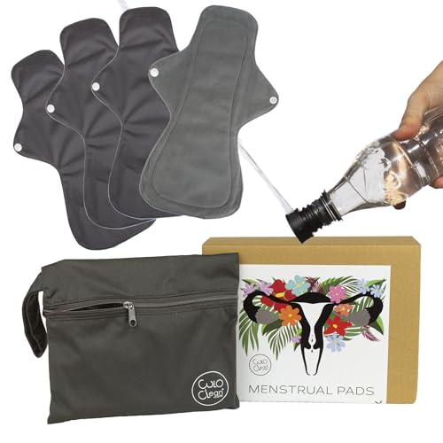 CuloClean 4pcs (L) Compresas Menstruales de Noche y Postparto Reutilizables de fibra de bambú. Flujo abundante. Grandes, ecológicas, de tela transpirable e impermeable + bolsa + bidet portátil