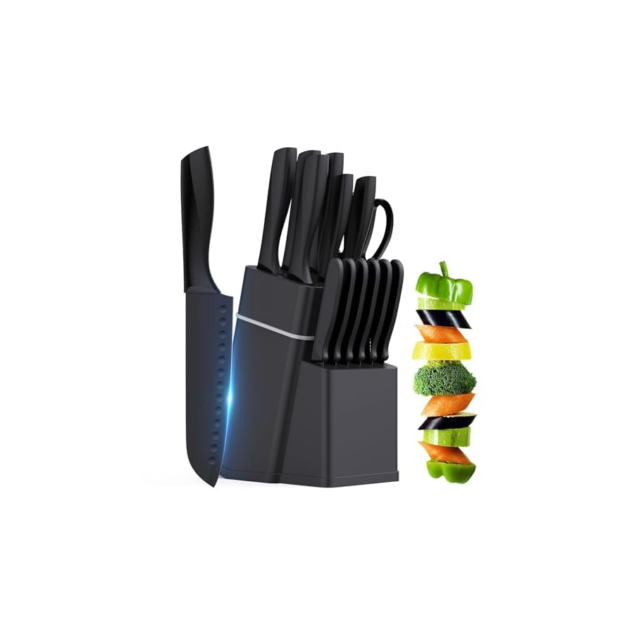 Kitchen Knife Set with Block - 15 Pieces Knife Sets with Built-in Sharpener, Dishwasher Safe, Stainless Steel Blades Kitchen Knives