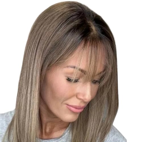 Perruque droite marron ombré sans colle Wear and Go en dentelle HD 16 pouces avec frange pour femme