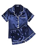 Ekouaer Womens Pajama Sets Silk Sleepwear 2 Piece Short Loungewear Button Up Nightwear Summer Satin Pjs Shorts Set,Navy,M