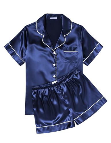 Image of Ekouaer Womens Silk Satin Pajama Sets Soft Short Sleeve Button Down Sleepwear Top and Shorts 2 Piece Pjs Lounge Set