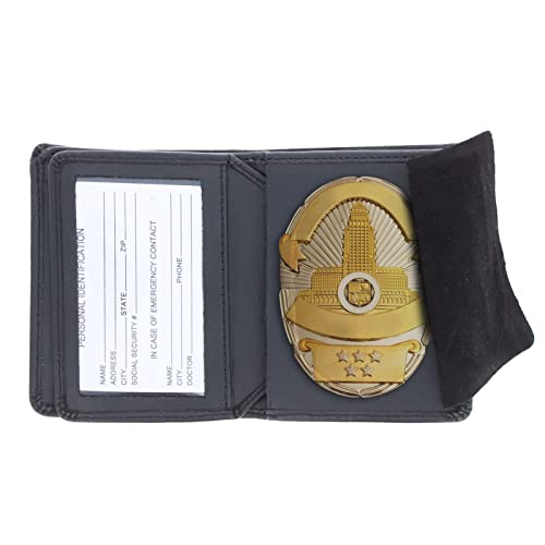 Black Leather Bifold Wallet Police Badge Holder with Removable ID Card Holder, Oval