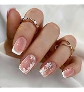 French Tip Press on Nails Spring Flower Fake Nails Short Square False Nails with Designs Glossy A...