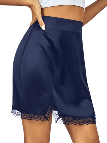 Vrtige Women's Satin Silk Lace Hem High Waist Split Hem Bodycon Mini Short Skirt Navy X-Small3