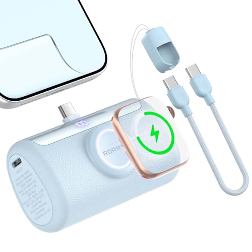 RORRY PalmGo Portable Charger, 10000mAh PD 22.5W Fast Charging Mini Power Bank with Built-in USB C Connector, 3-in-1 Battery Pack for iPhone 17/16/15 Pro/Max, Apple Watch Ultra/11/10/SE, iPa