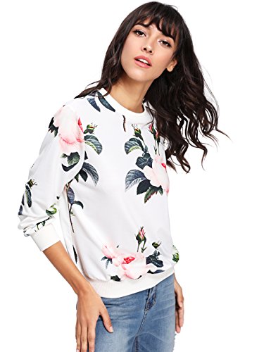 image for Romwe Women's Casual Floral Print Long Sleeve Pullover Tops White M, M